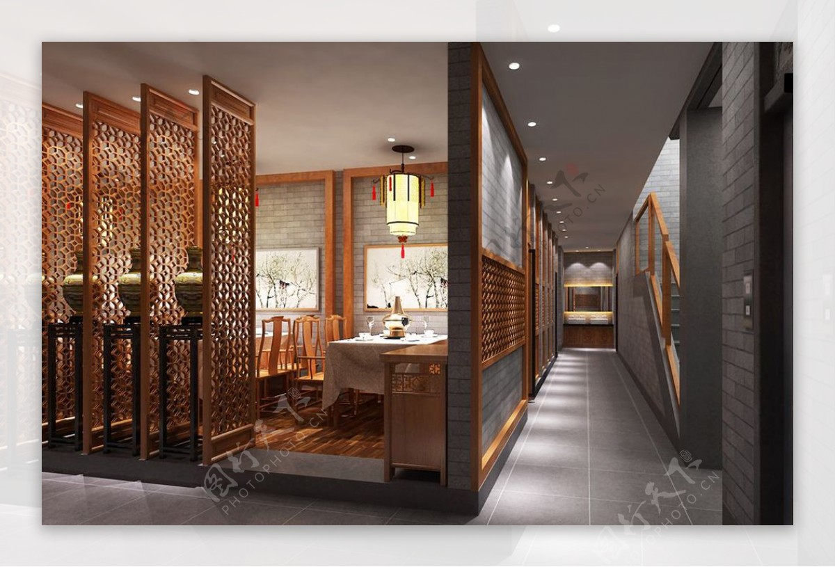 新中式风格餐厅走廊效果图设计图片