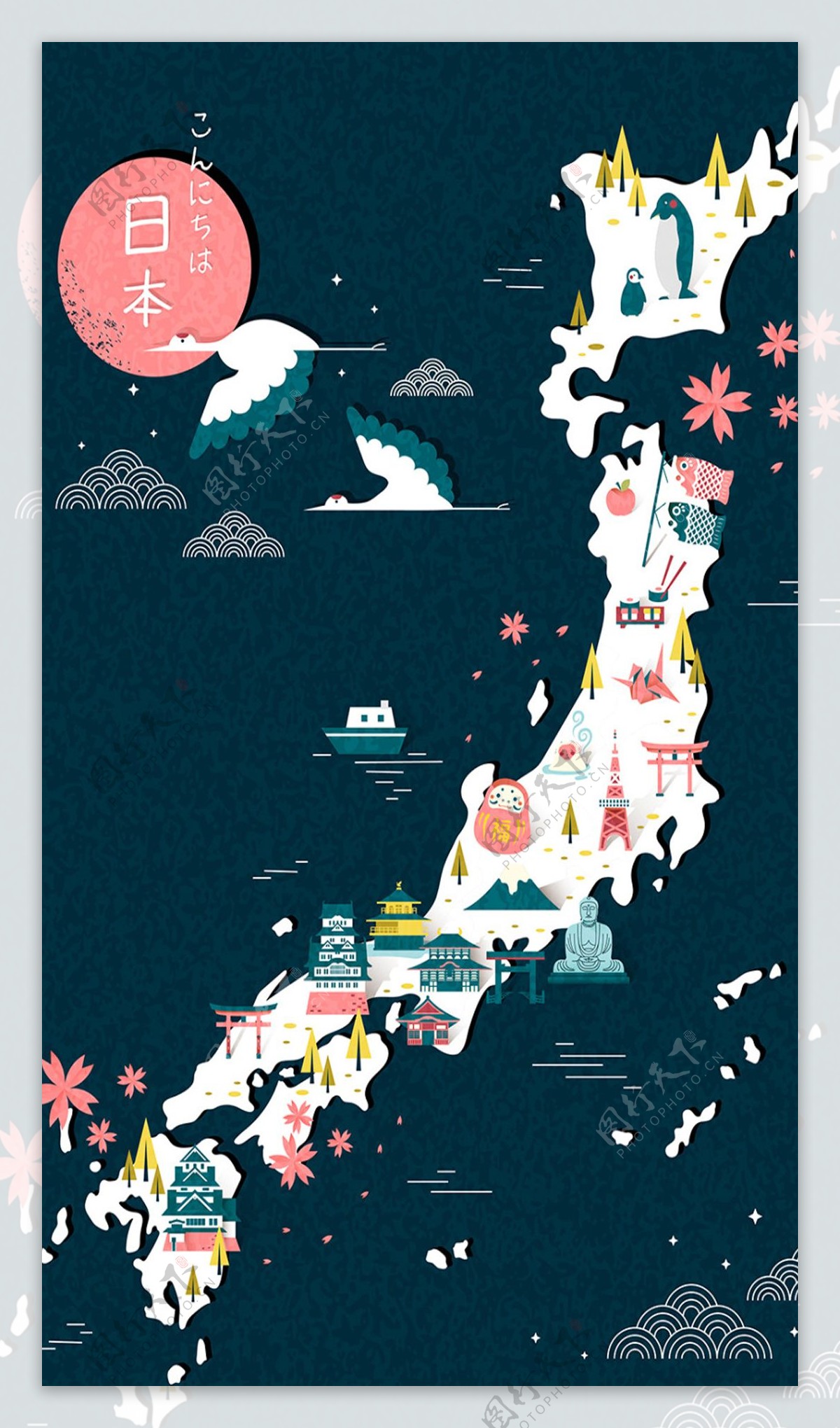 手绘建筑日本旅游H5背景素材