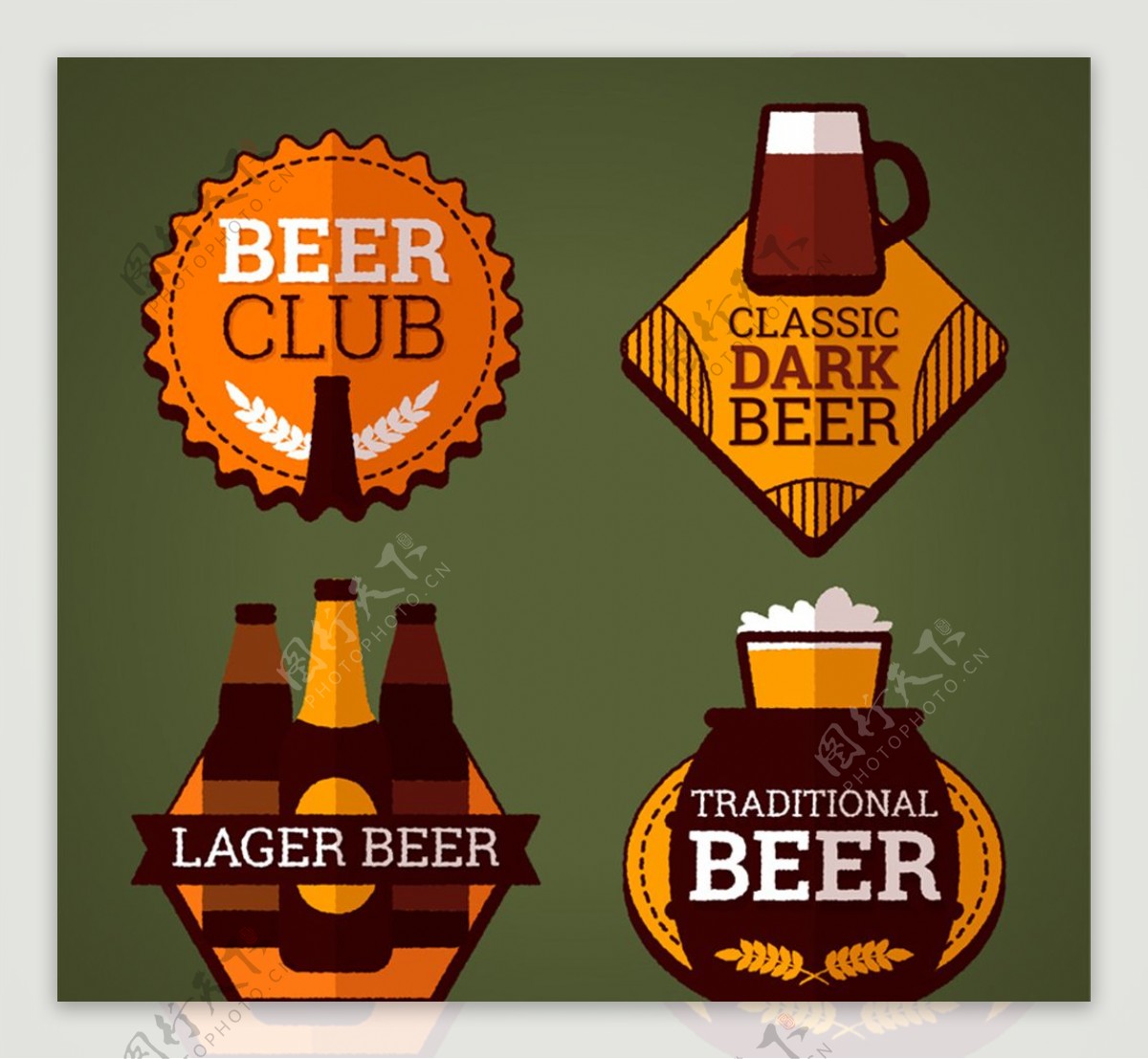 4款扁平化啤酒俱乐部标签矢量图