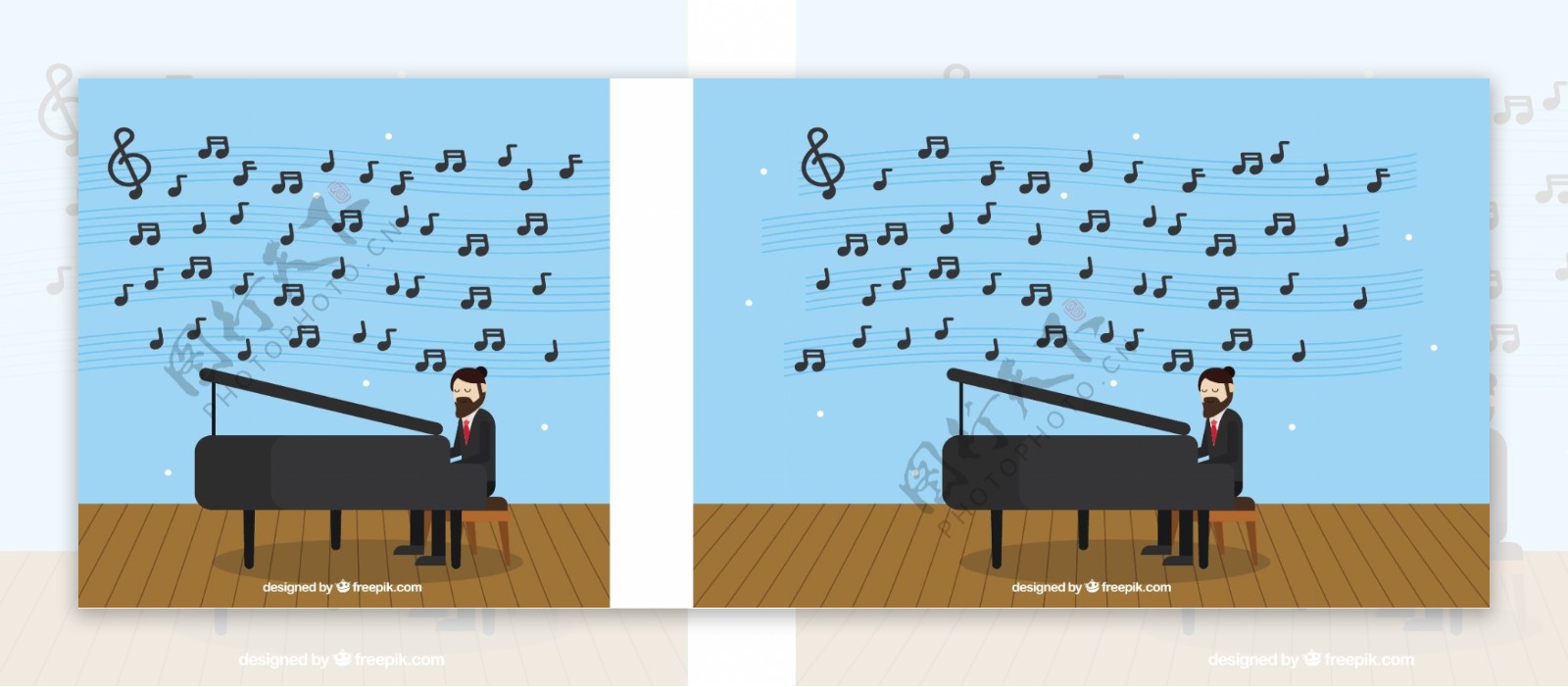 人弹钢琴和音符的背景
