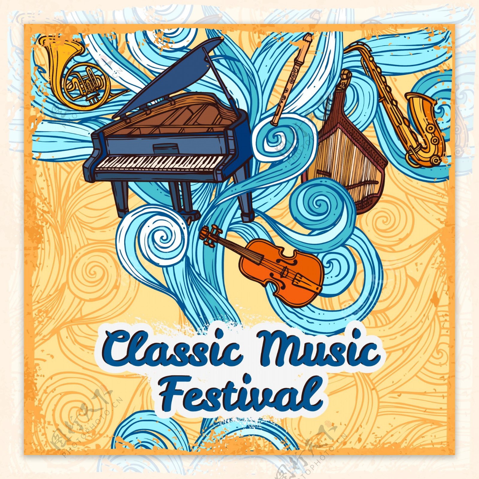 古典音乐节海报与钢琴小提琴小号乐器矢量插图