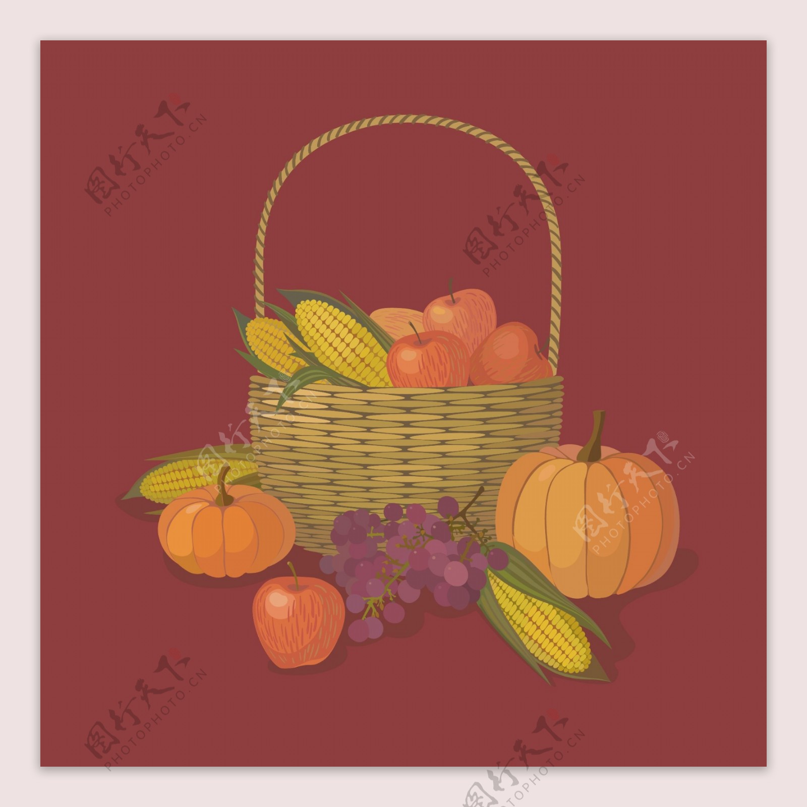 秋季收获带水果和蔬菜的柳条篮矢量背景