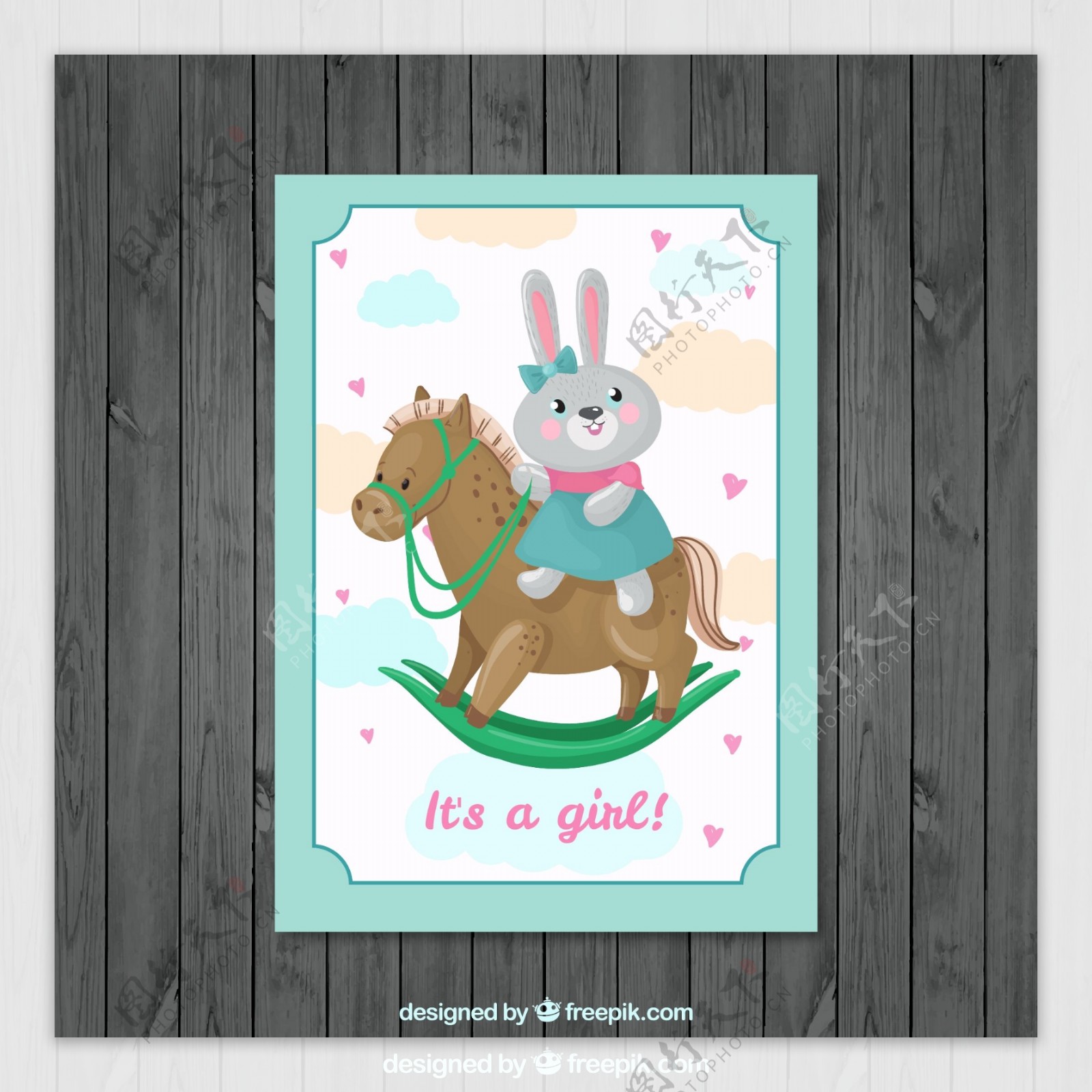 可爱骑木马的兔子迎婴贺卡矢量