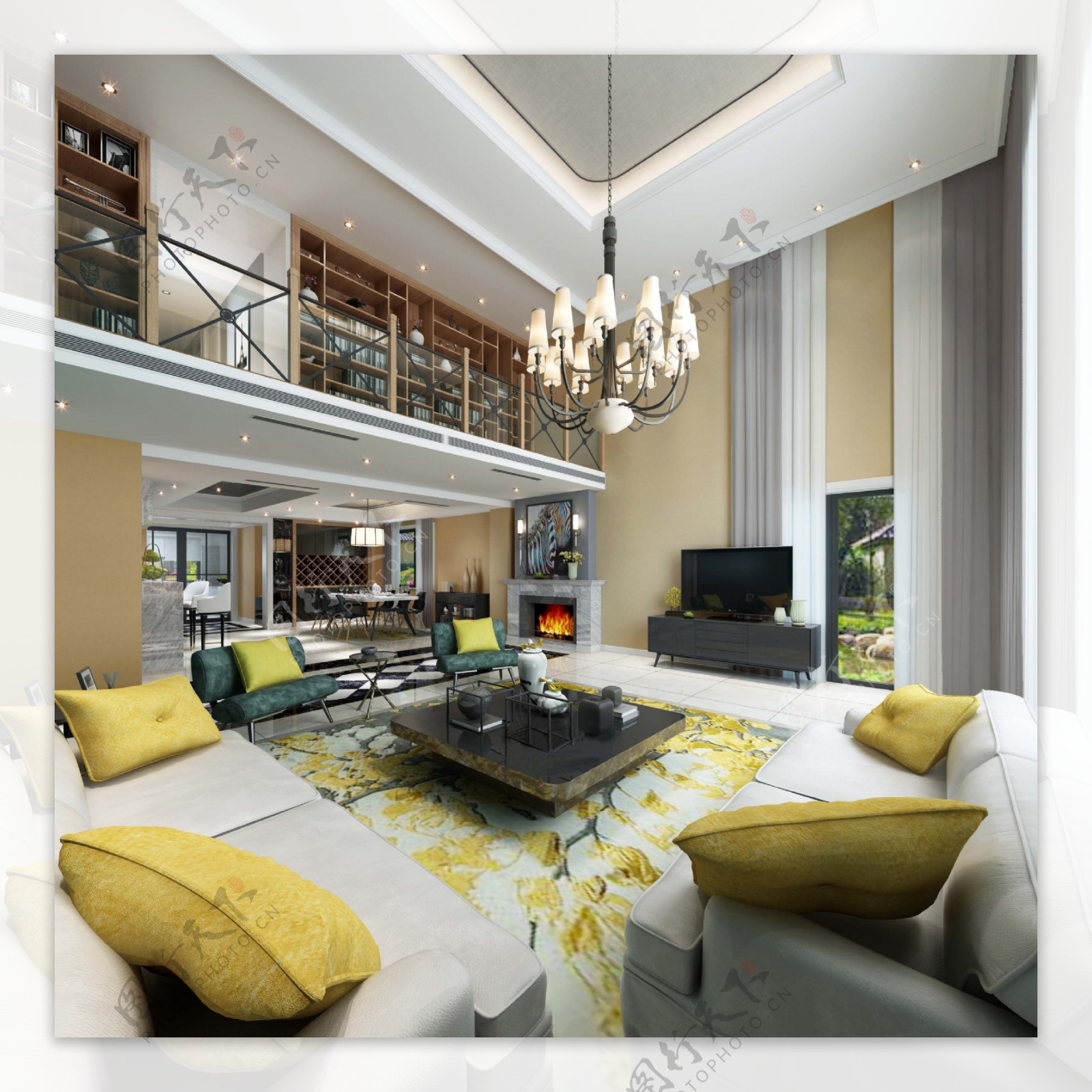 现代时尚楼中楼大户型客厅黄色地毯室内装修
