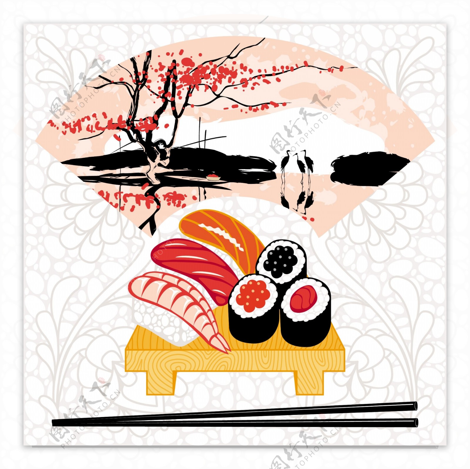 手绘美味的日本寿司插画