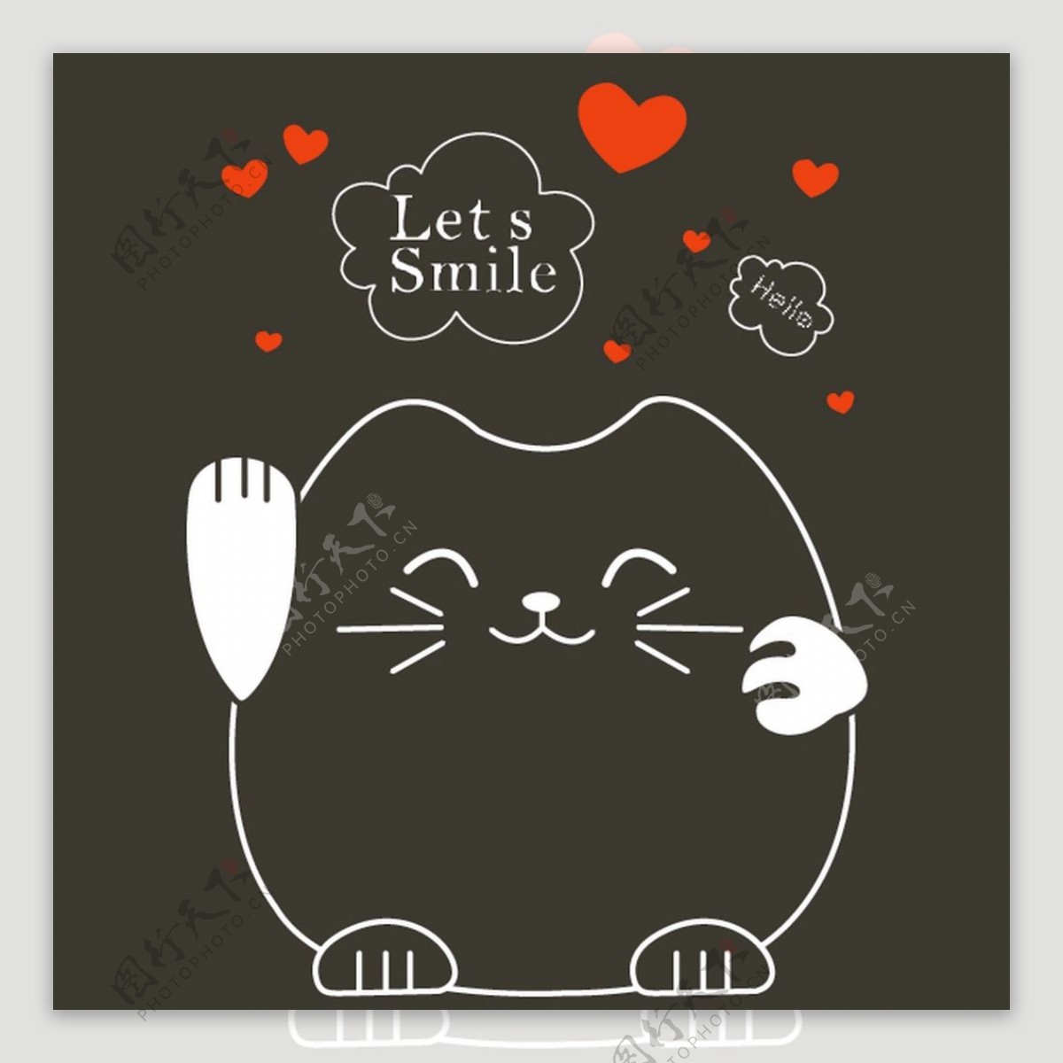黑色底色白色线条卡通小猫猫咪爱心装饰画