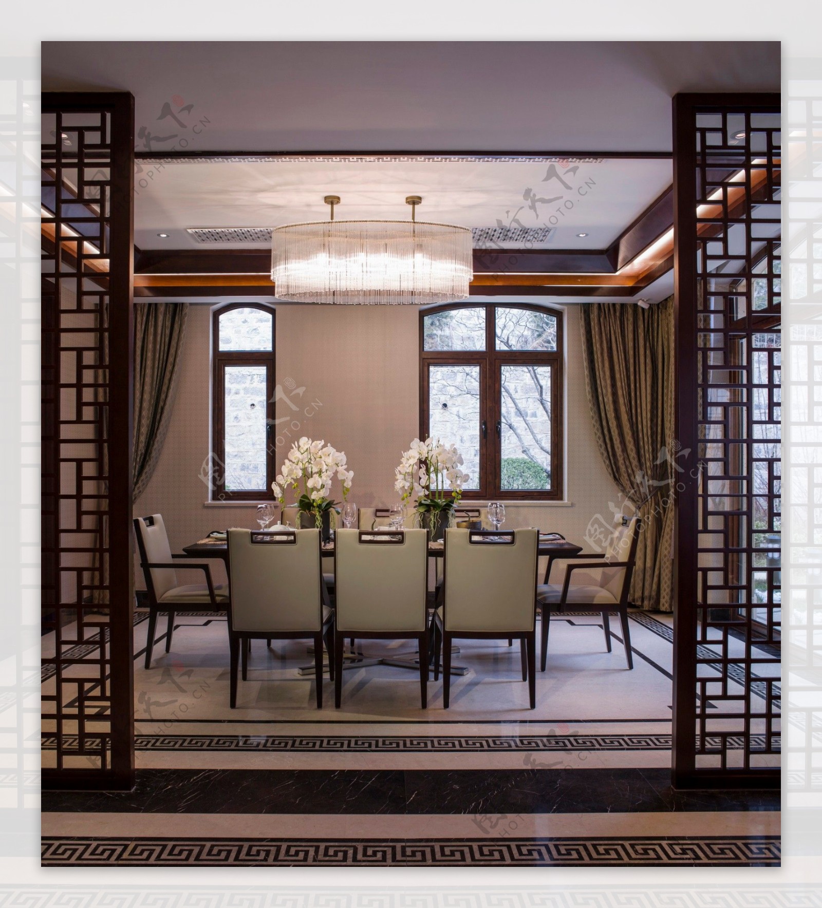 中式风格方形长吊灯客厅室内装修效果图