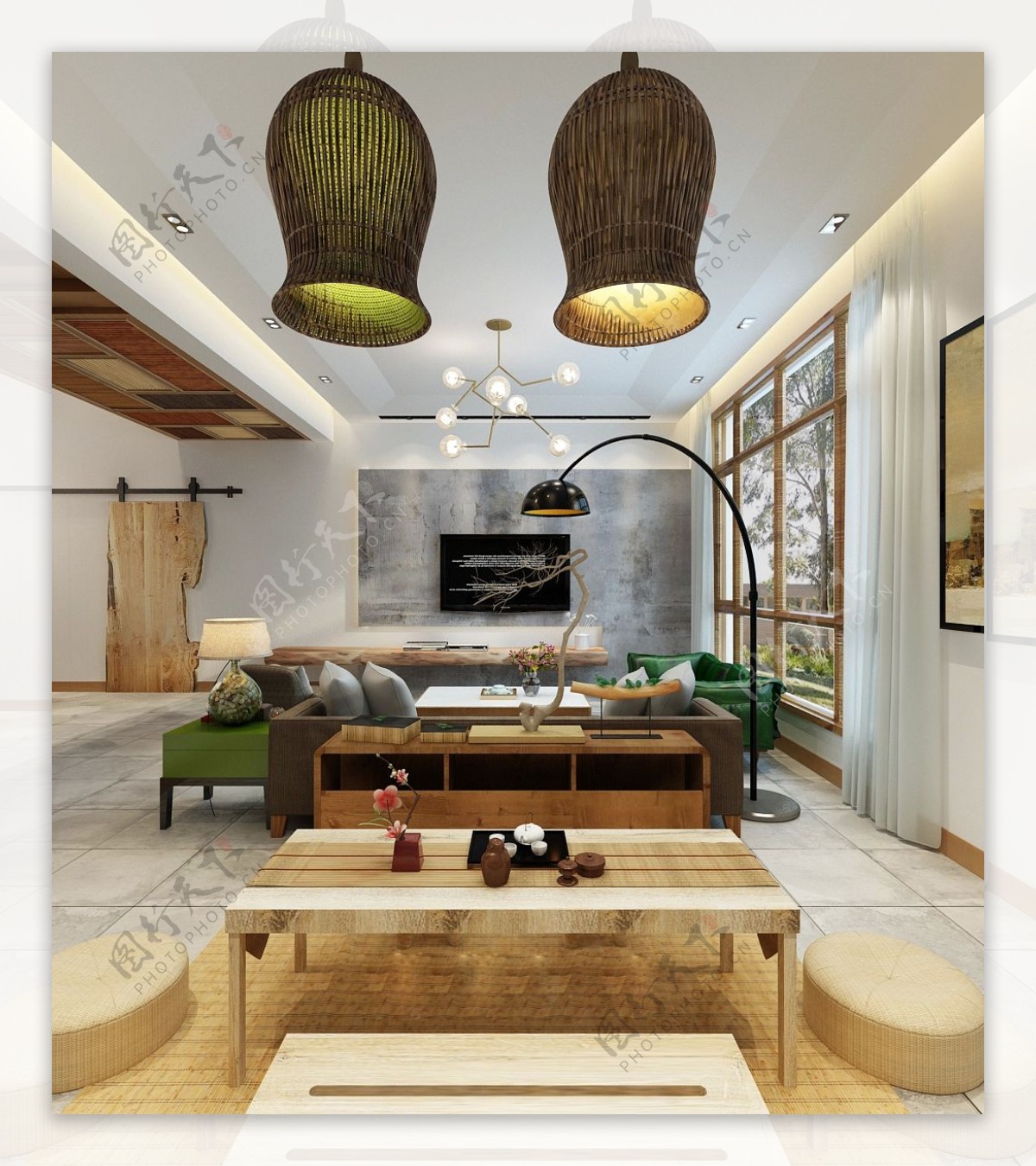 现代时尚客厅墨绿色吊顶室内装修效果图