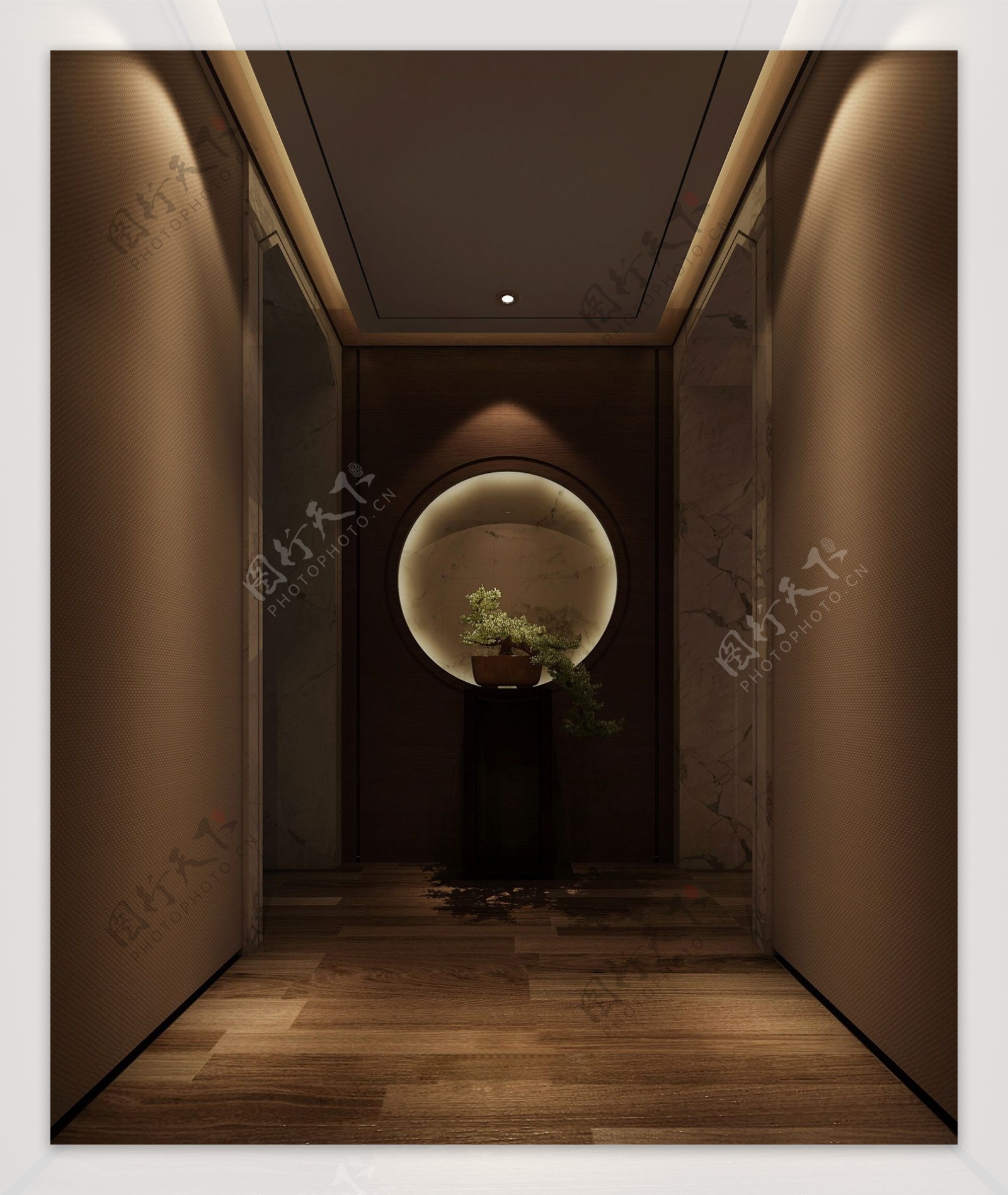 现代客厅走廊装修深褐背景墙室内装修效果图