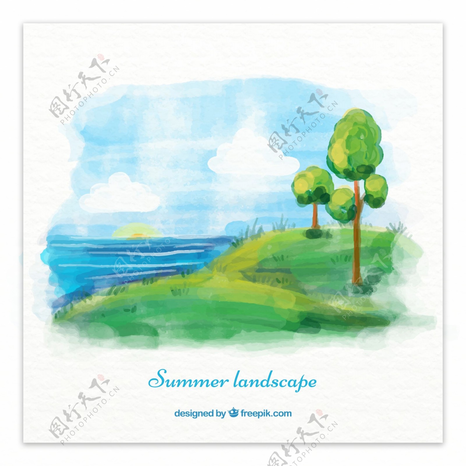 水彩绘夏季海边树木风景矢量