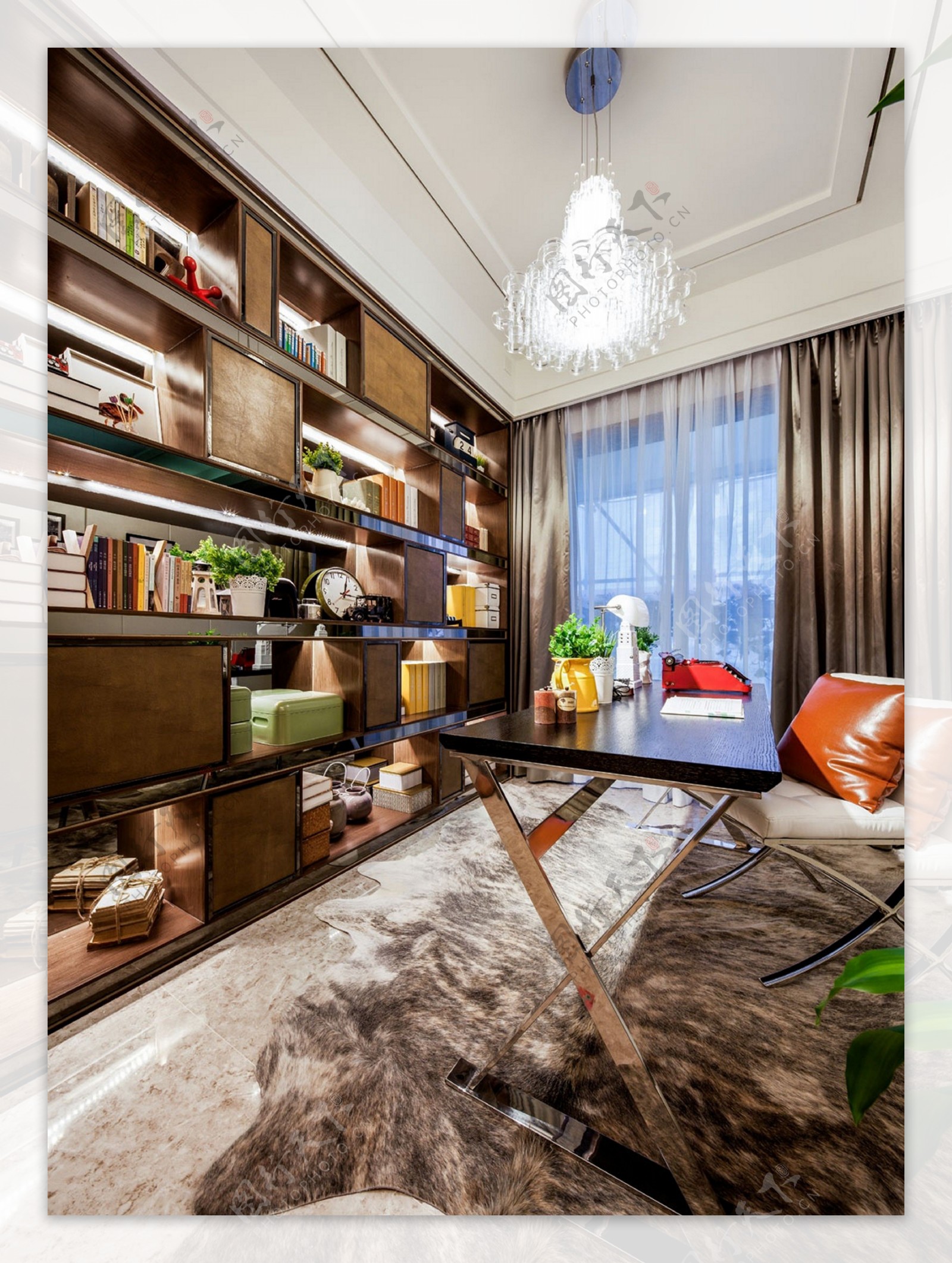 现代时尚风格木制展示架客厅室内装修效果图