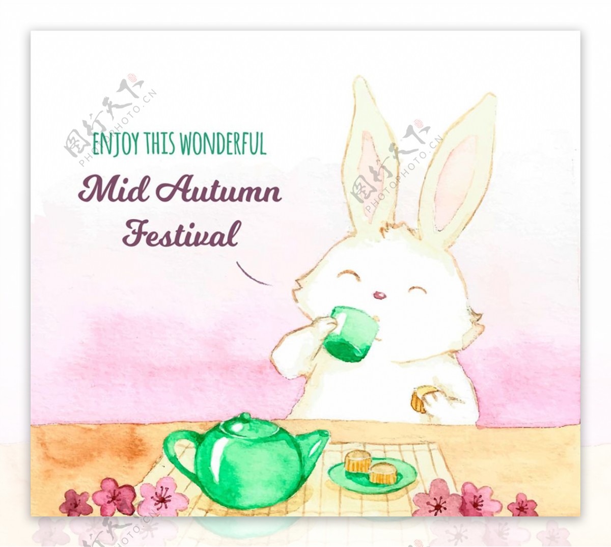 水彩绘中秋节饮茶兔子矢量素材