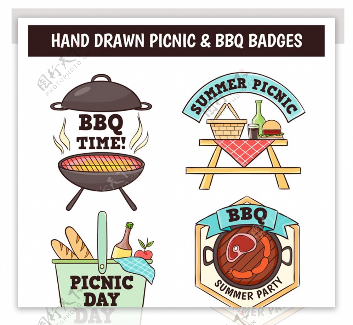 4款手绘烧烤和野餐徽章矢量图