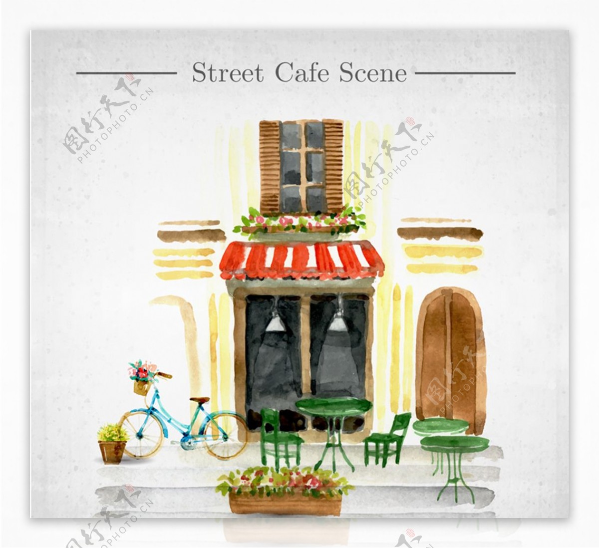 水彩绘街边咖啡店设计矢量素材