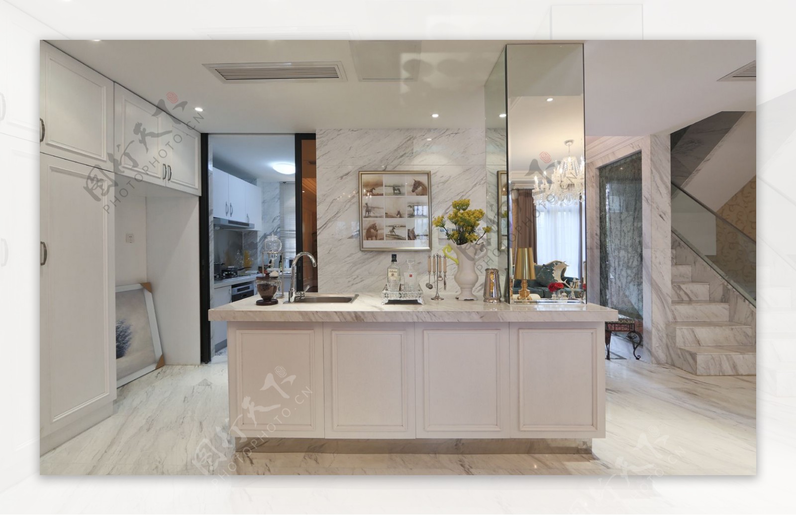 欧式白色调客厅开放式厨房装修效果图