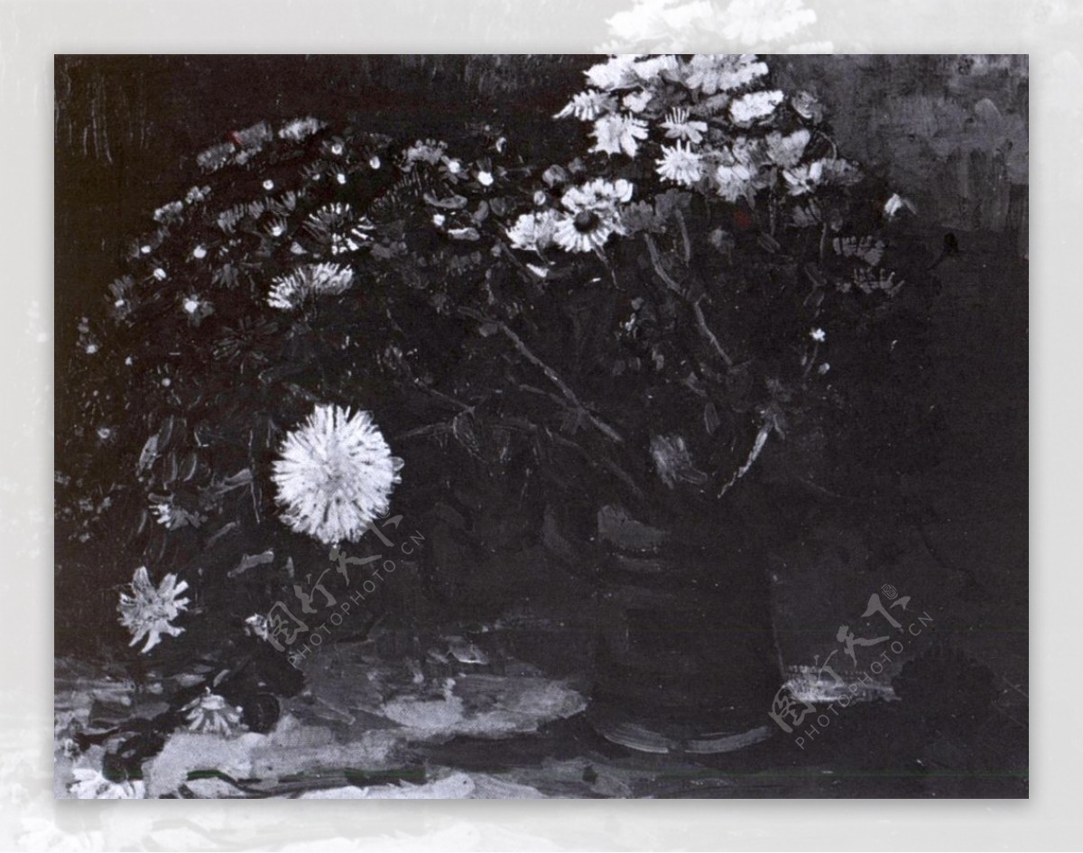 黑白唯美植物盆栽静物油画装饰无框画