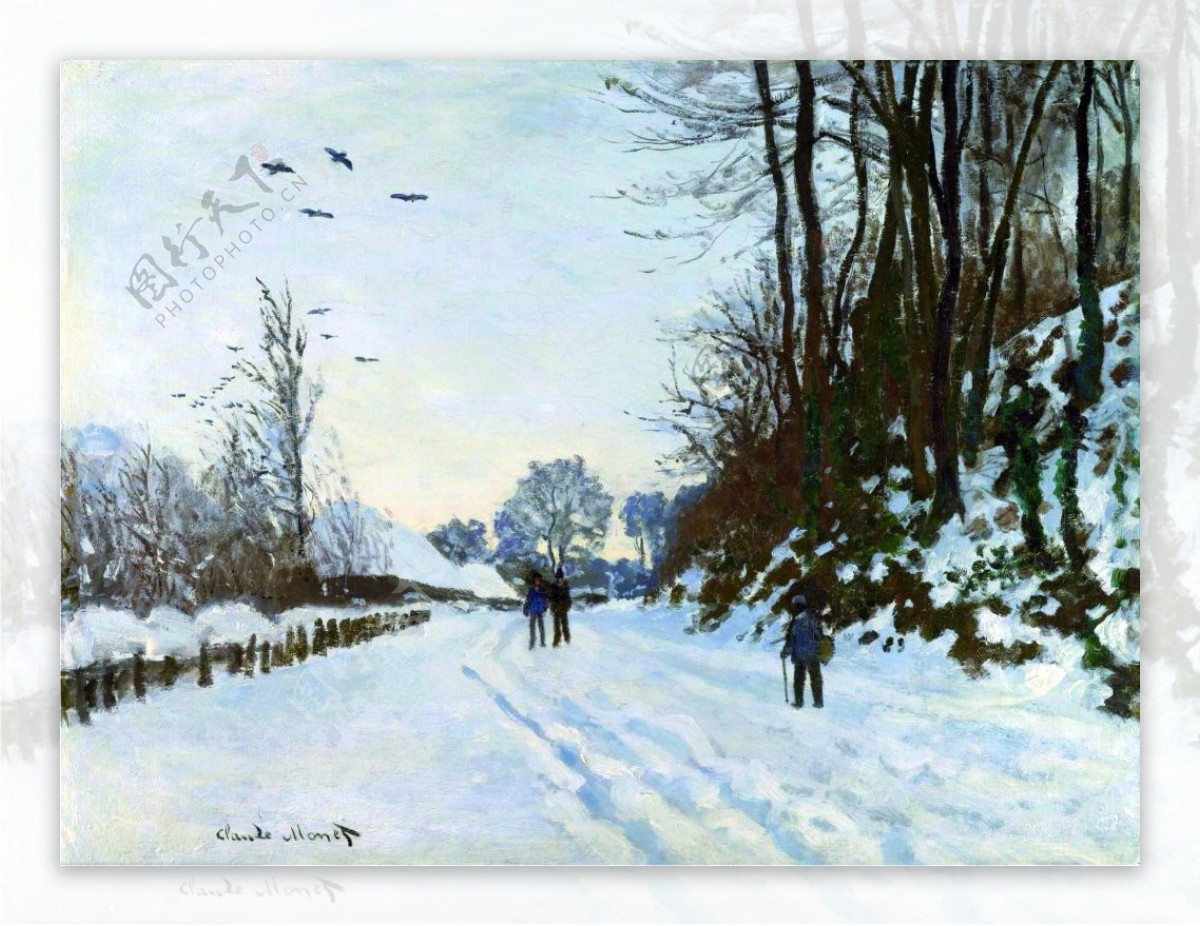 美丽冬日雪地乡村风景油画背景墙素材