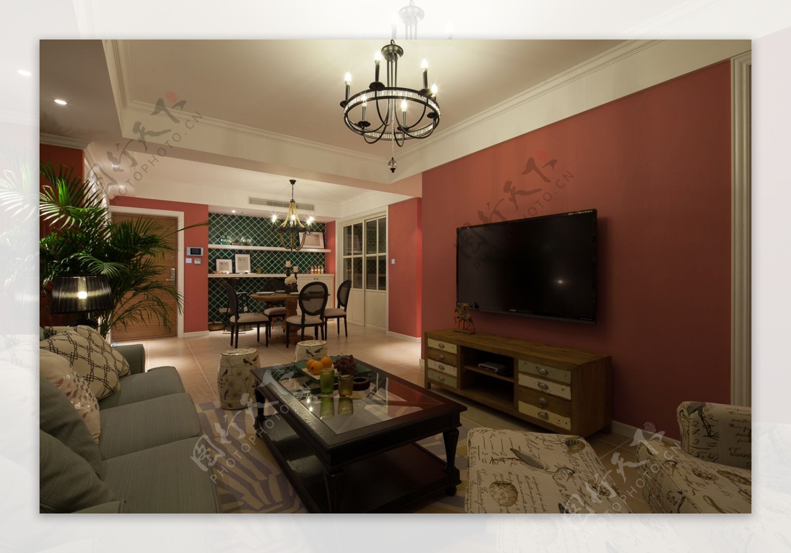 时尚室内客厅红色电视背景墙效果图