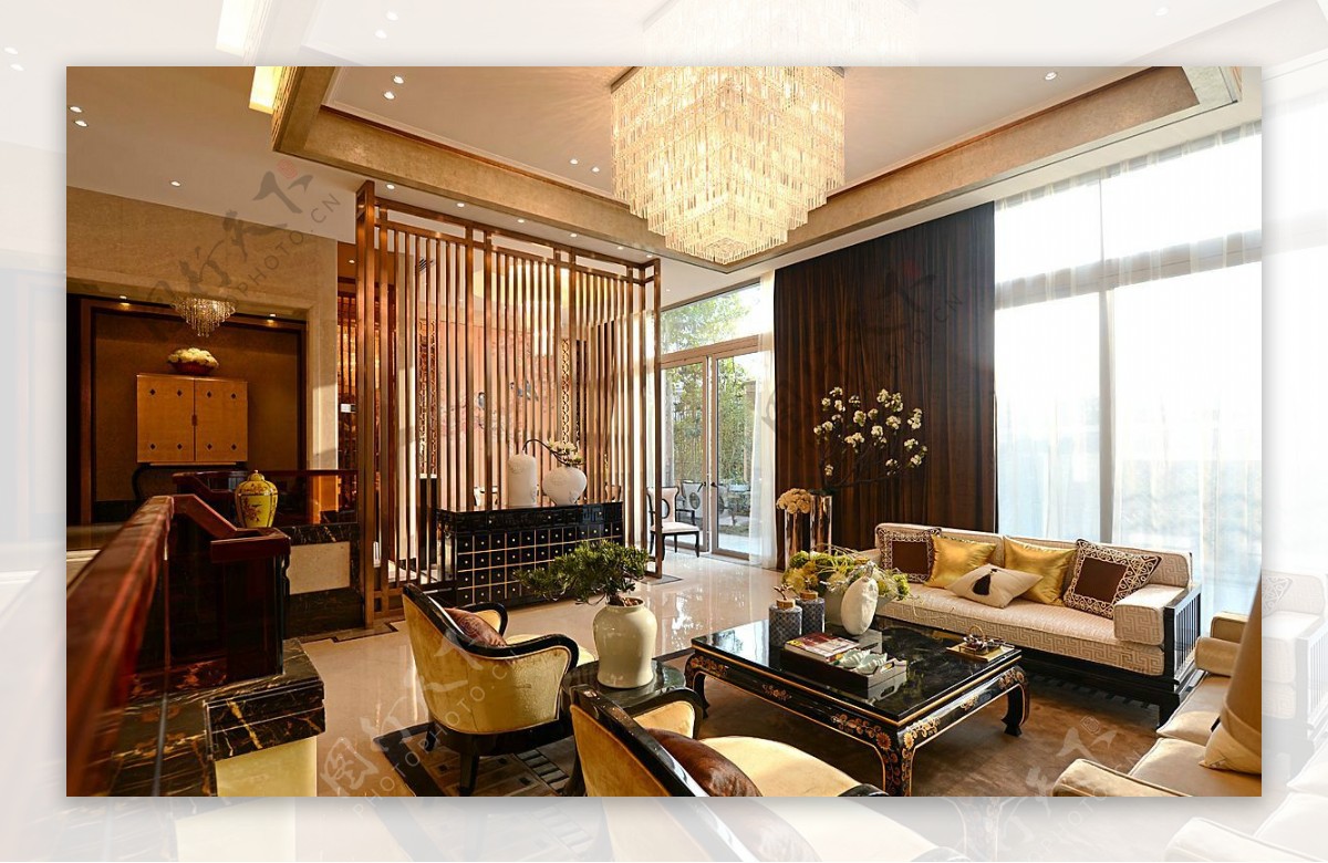 现代时尚方形金色水晶灯客厅室内装修效果图