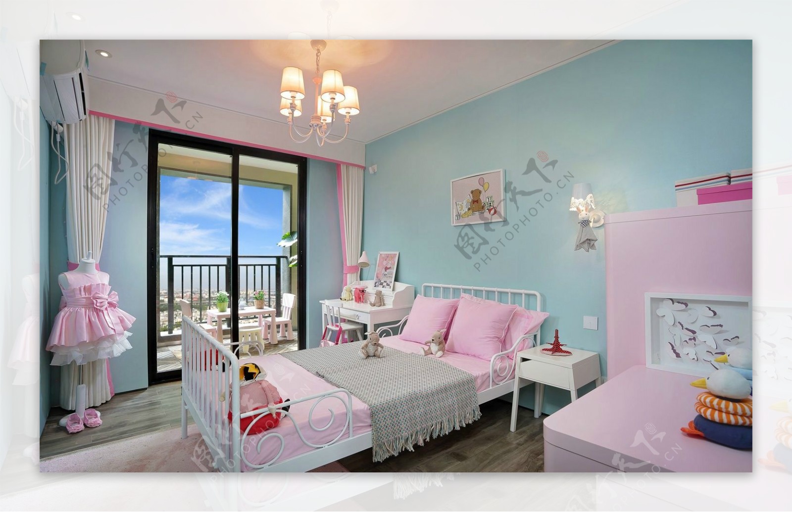 美式清新蓝粉少女风卧室背景墙效果图