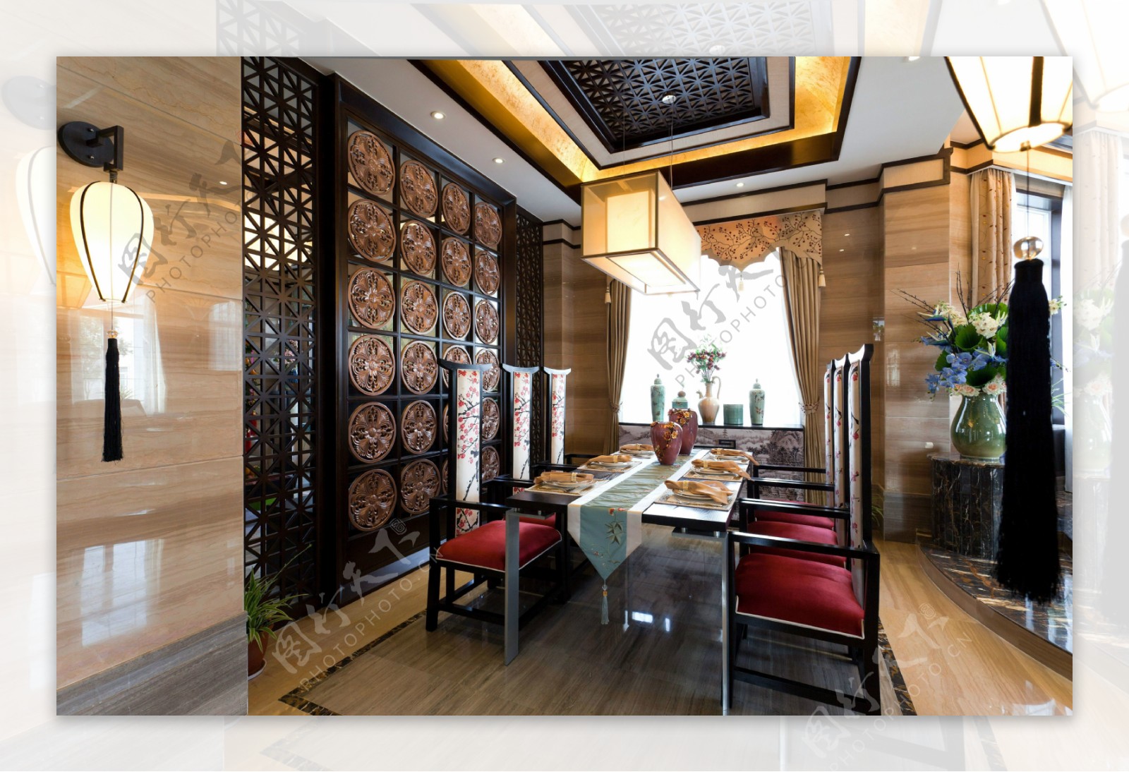 中式时尚室内餐厅餐桌效果图