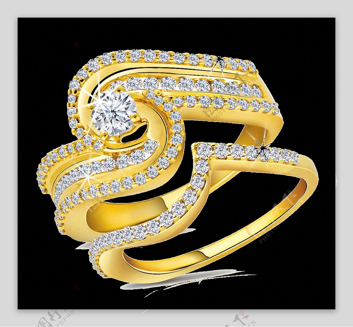 漂亮黄金镶钻戒指免抠png透明素材