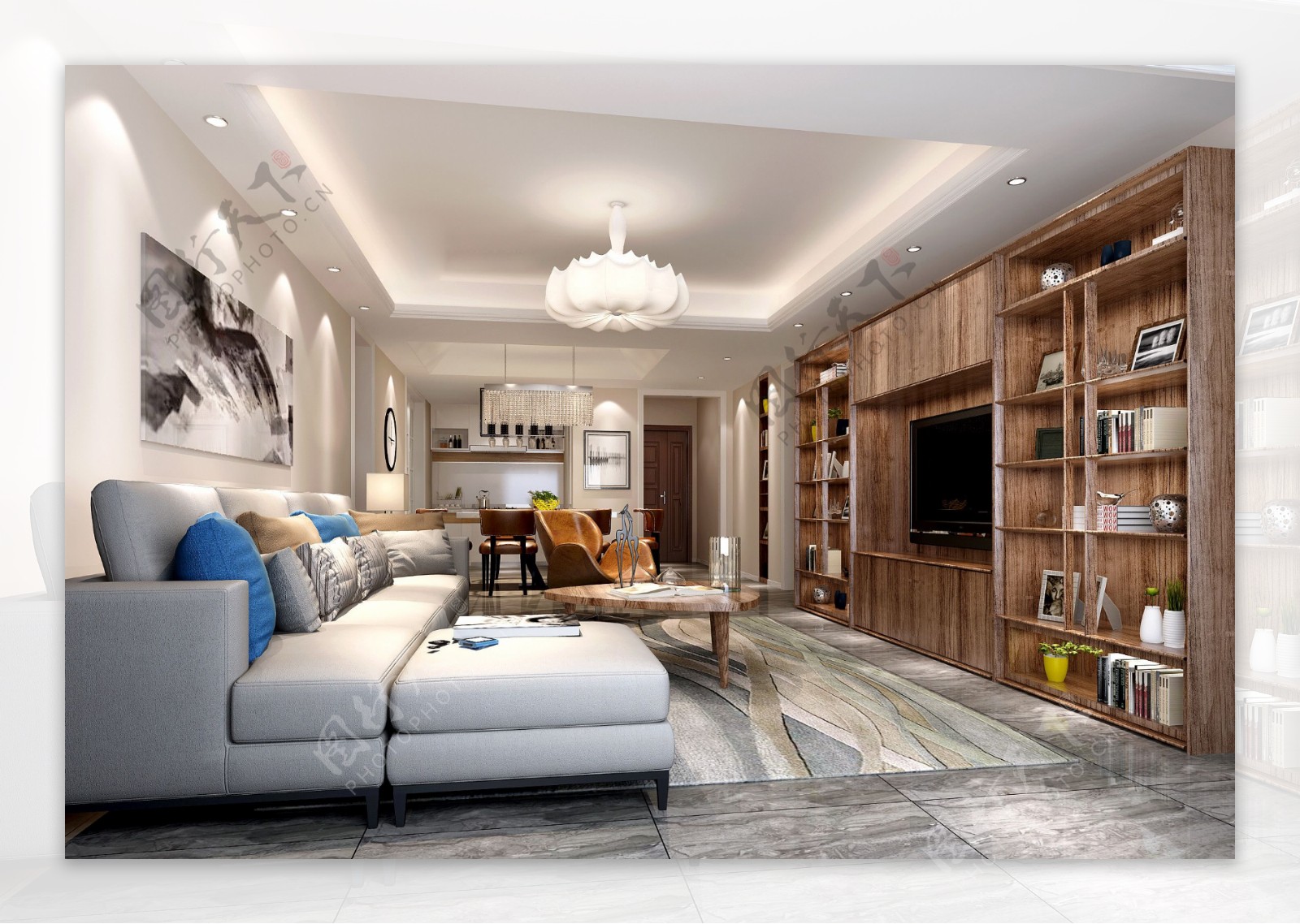 新中式现代轻奢风格客厅实木组装柜效果图