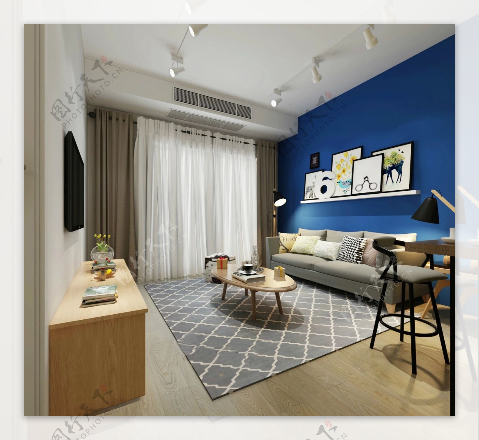 创意室内客厅蓝色背景墙效果图