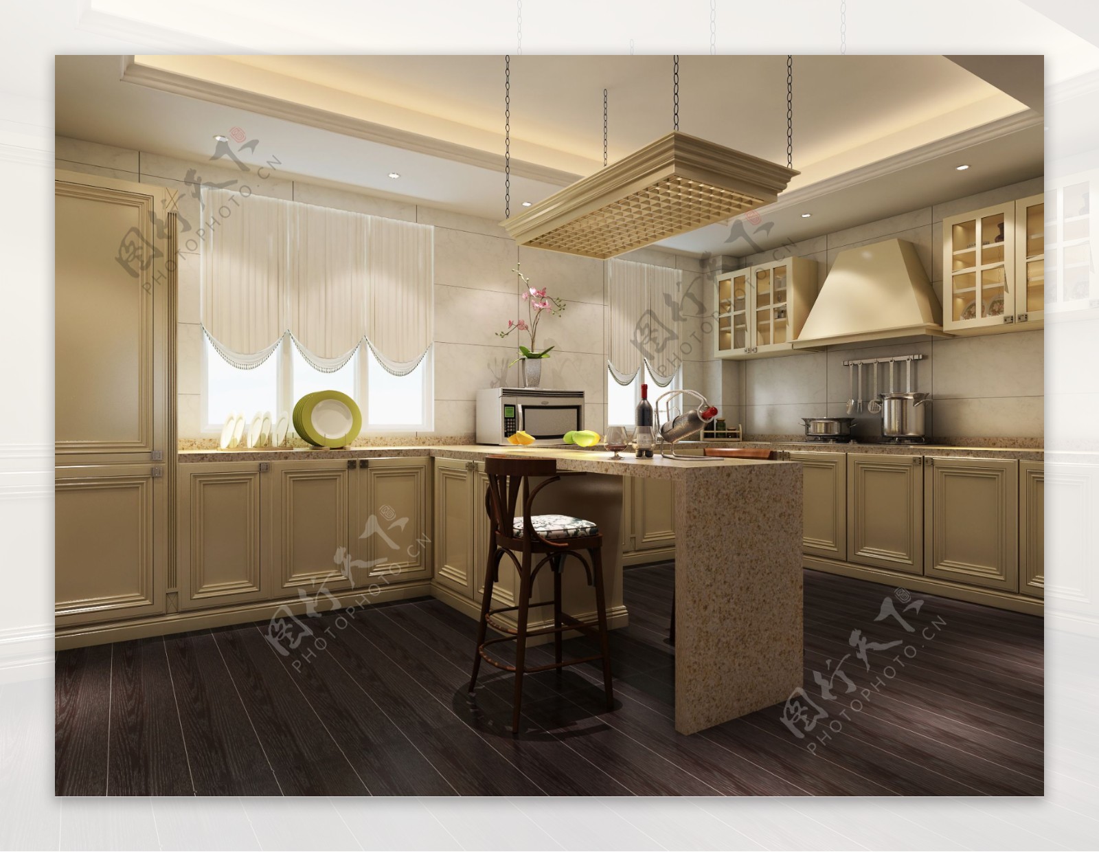 美式简约开放式厨房木地板室内装修效果图