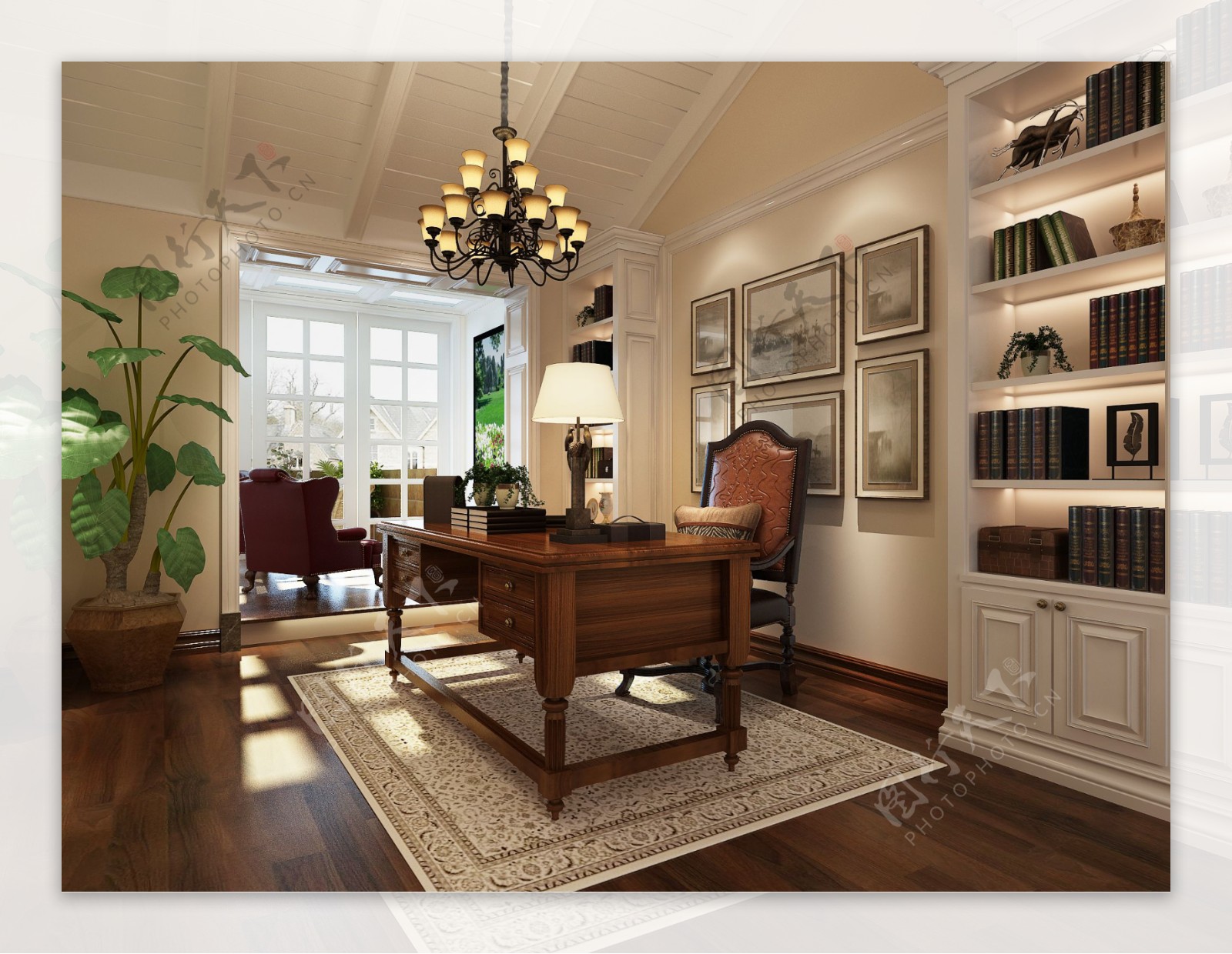 中式清新书房实木家具室内装修效果图