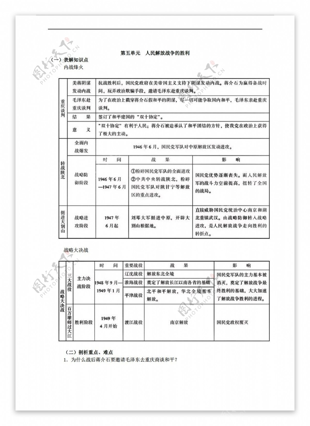 八年级上册历史八上第五单元人民解放战争的胜利复习学案