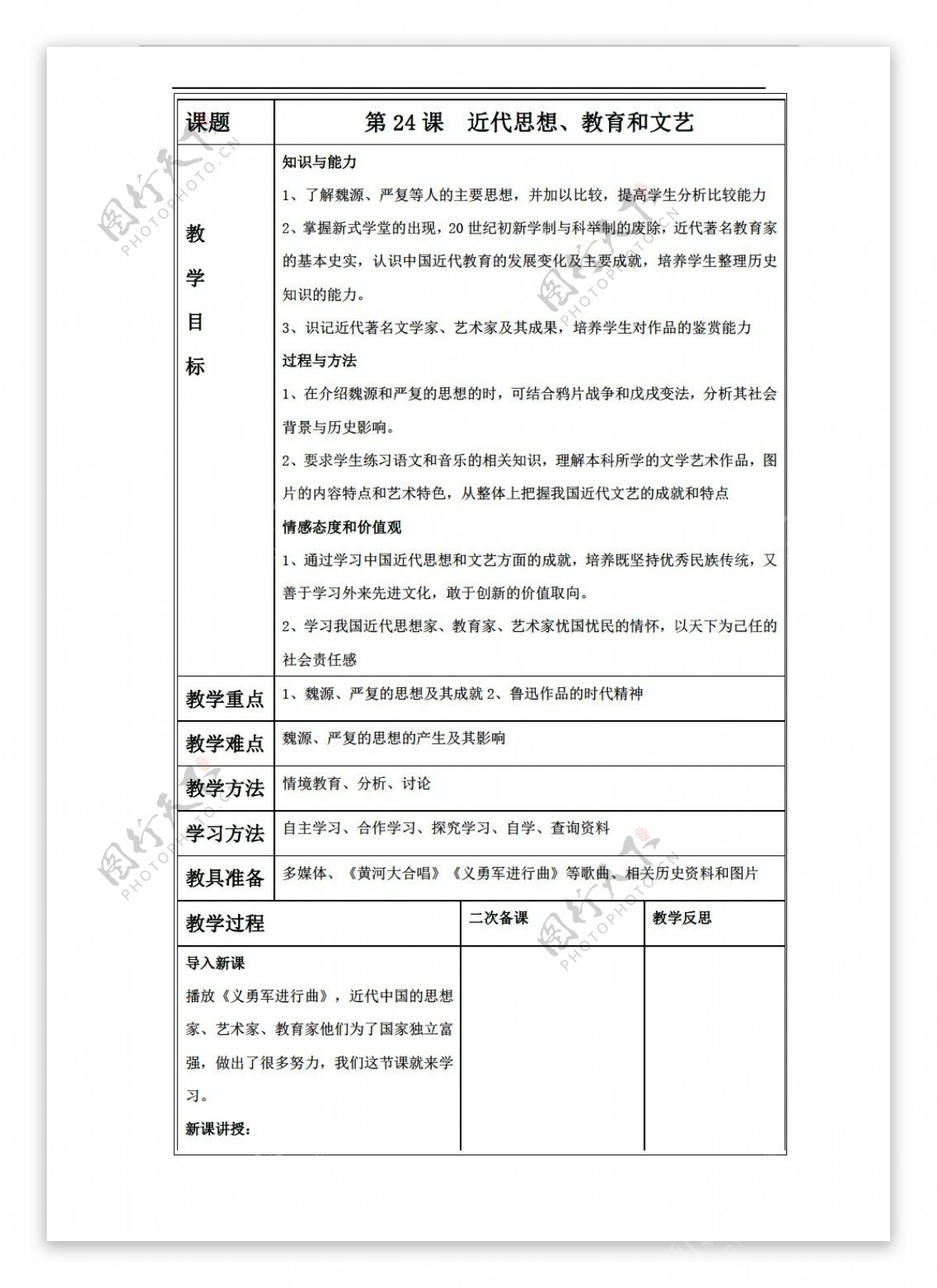 八年级上册历史第24课近代思想教育和文艺教学设计表格式