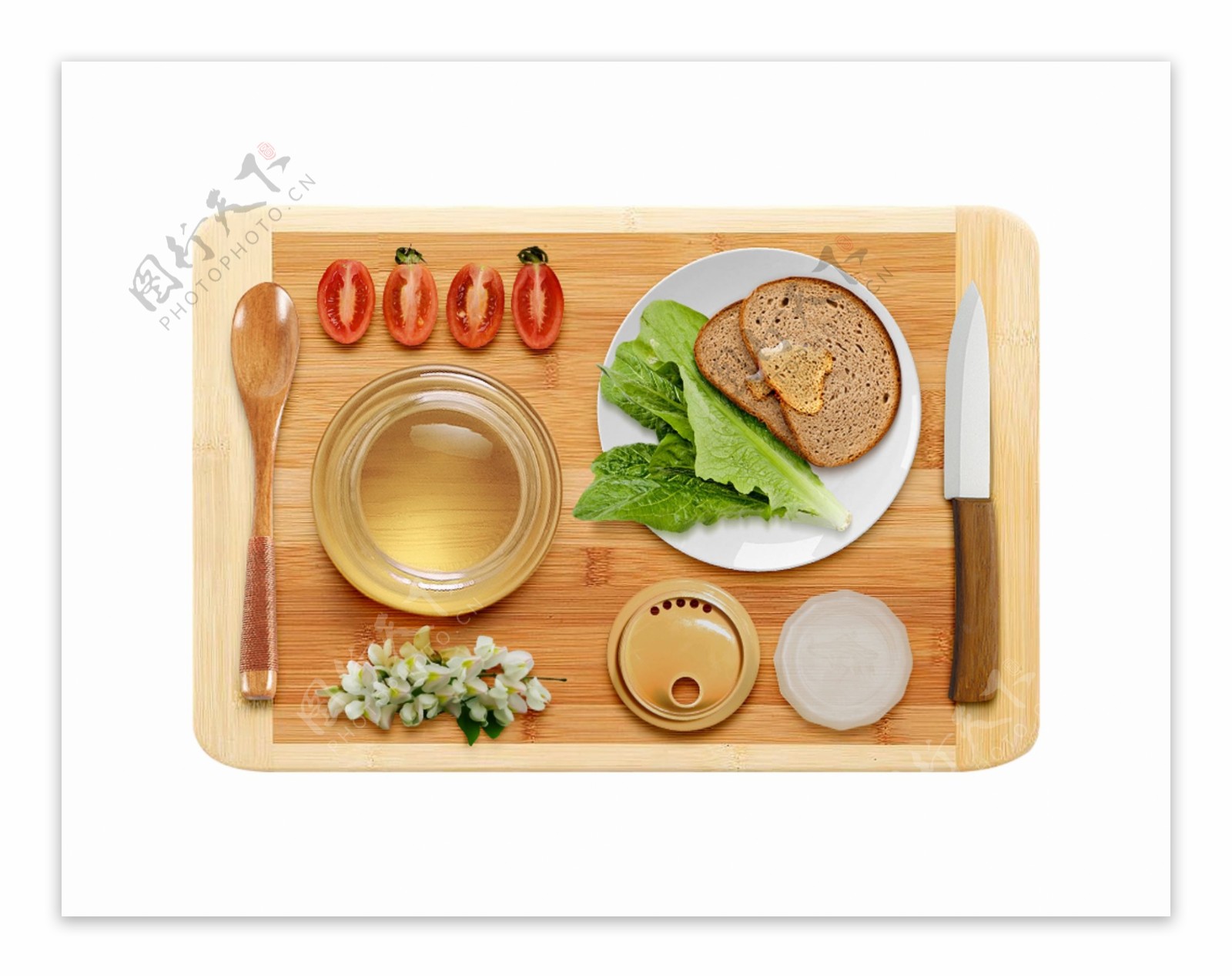 厨房案板餐具展示刀具盘子食物面包水果蔬菜