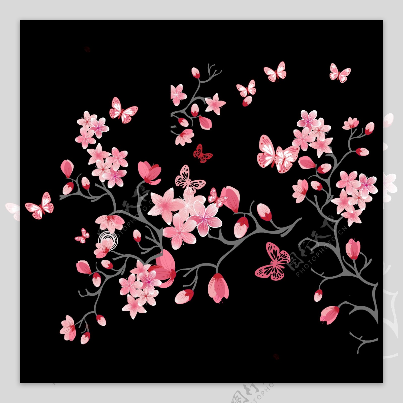 手绘粉色蝴蝶花朵png元素素材