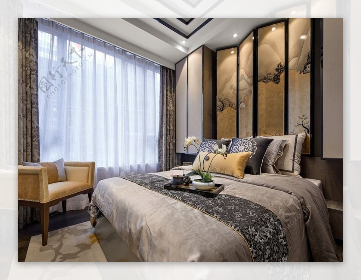 新中式家居卧室屏风背景墙装修效果图