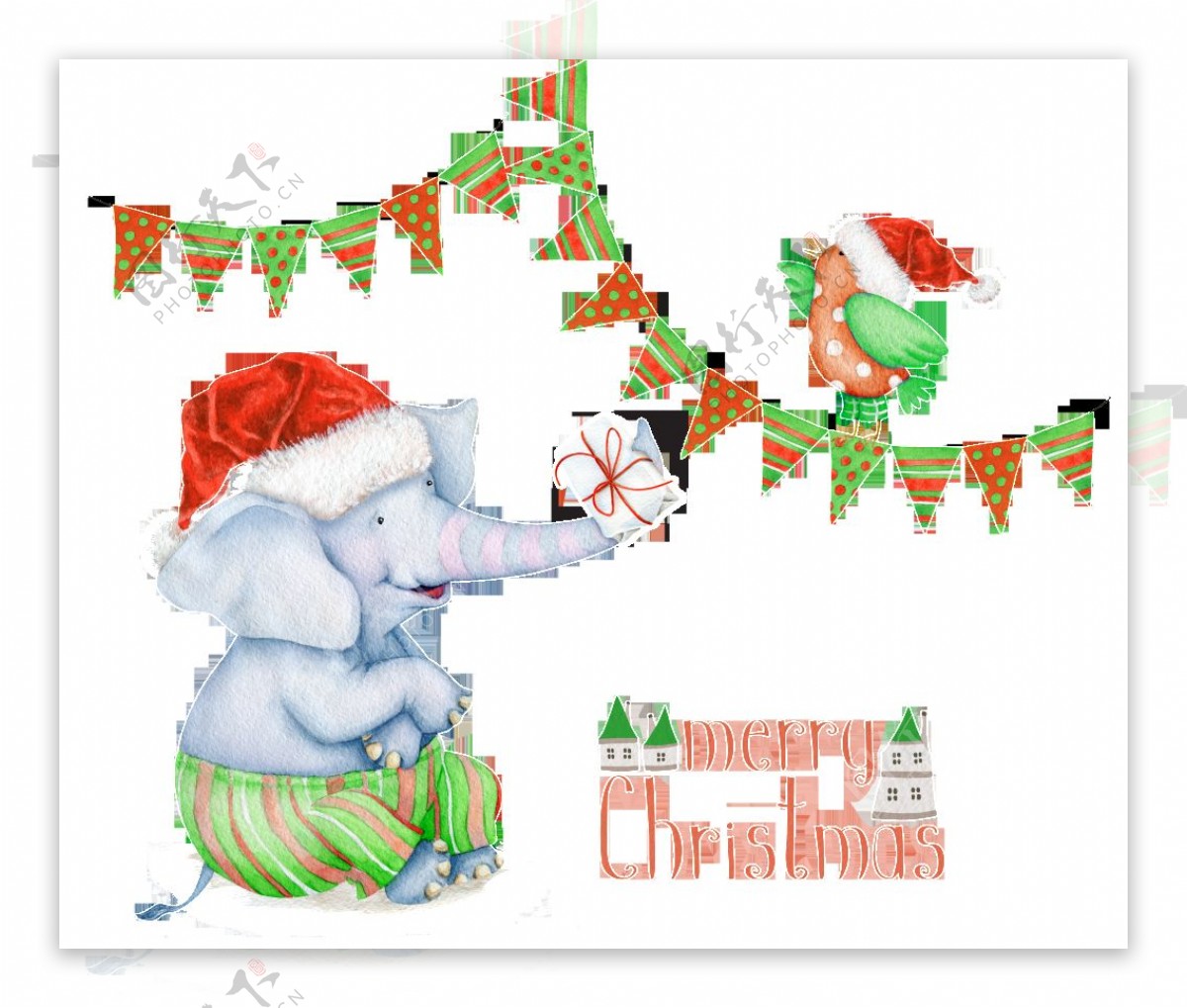 圣诞元素大象与小鸟卡通水彩透明素材