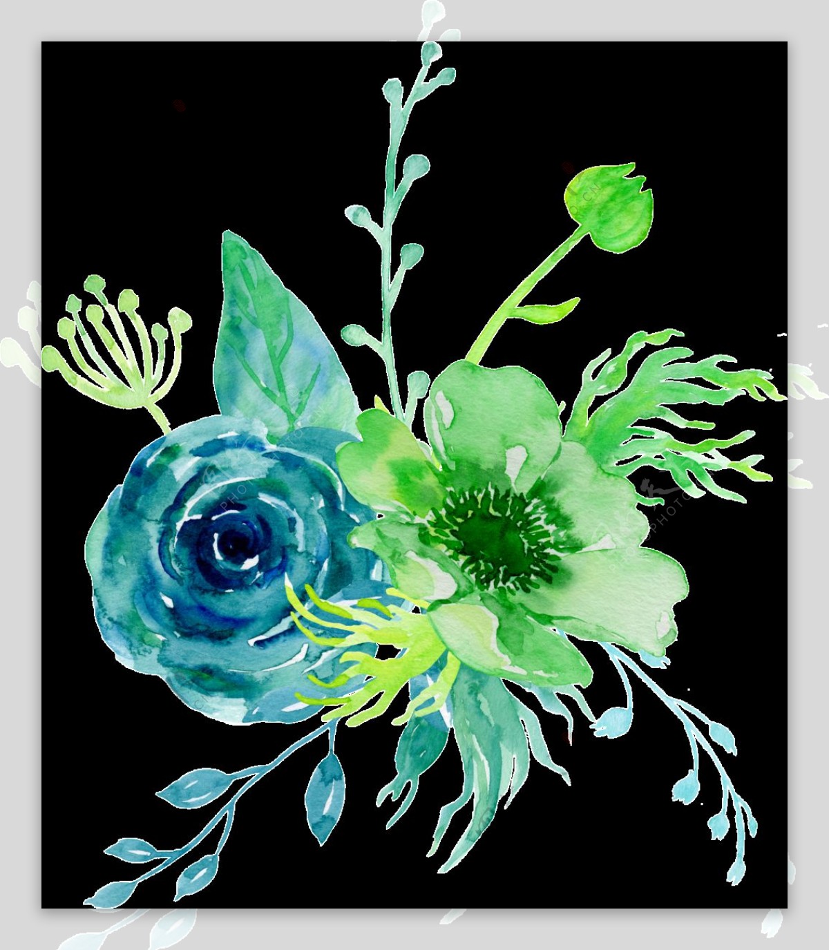手绘绿色妖娆花朵png透明素材