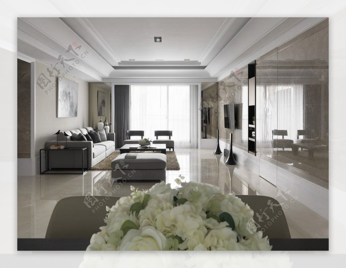 现代时尚客厅白色亮面背景墙室内装修效果图