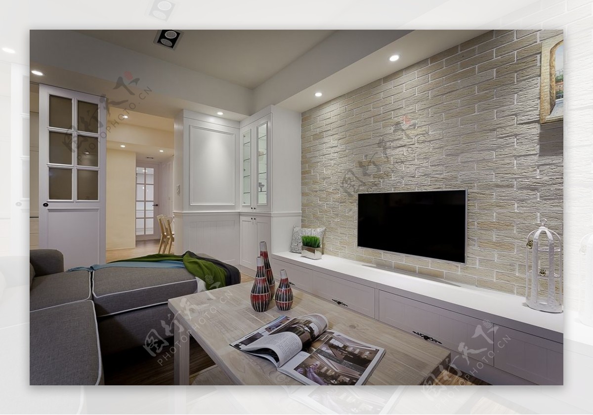 现代时尚客厅白色瓷砖背景墙室内装修效果图