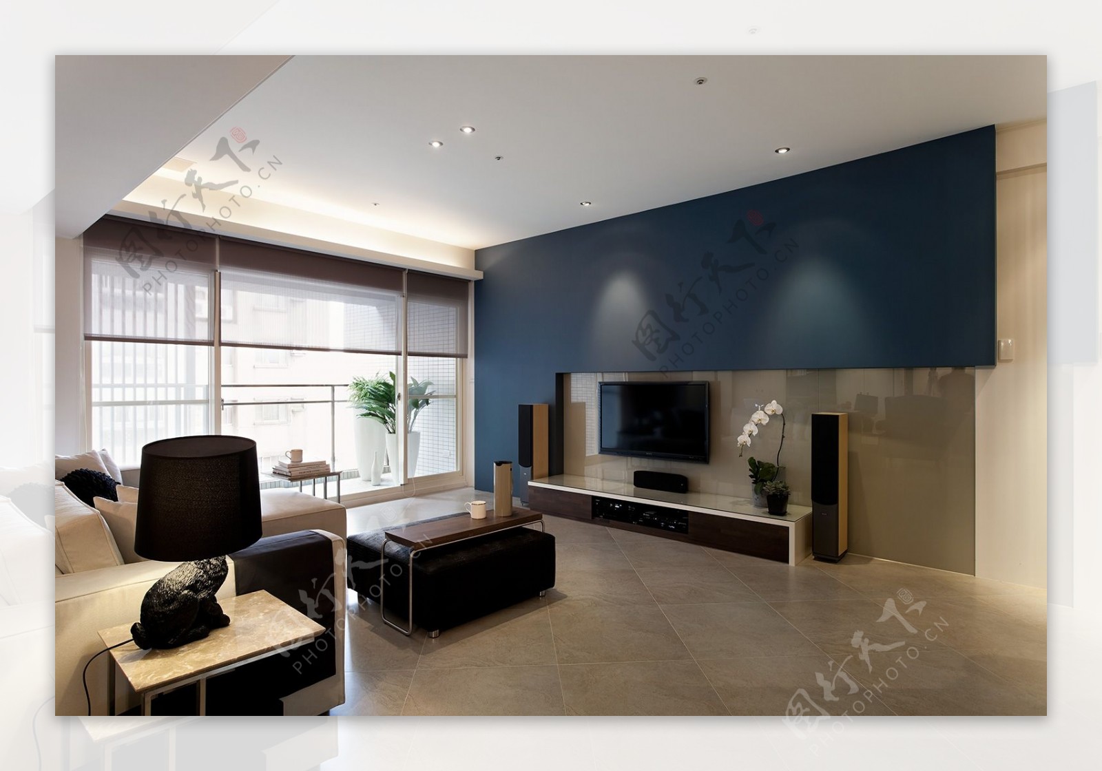 现代客厅蓝色背景墙室内装修JPEG效果图