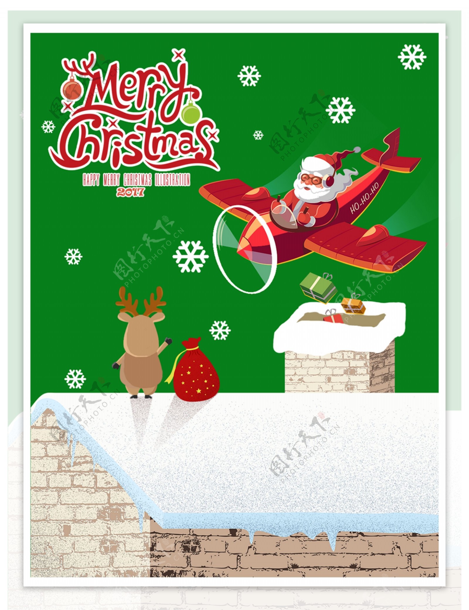 圣诞大雪天屋顶开飞机送礼物的圣诞老人麋鹿