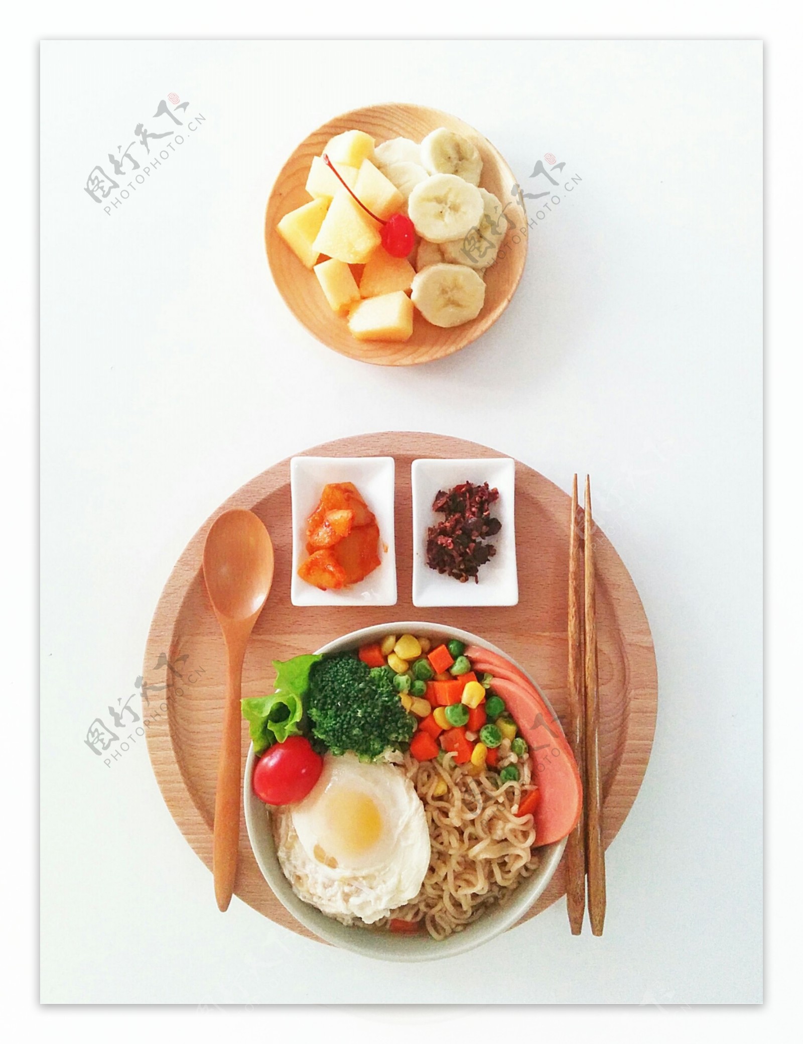 食物餐饮鸡蛋水果蔬菜筷子勺子咸菜俯视图