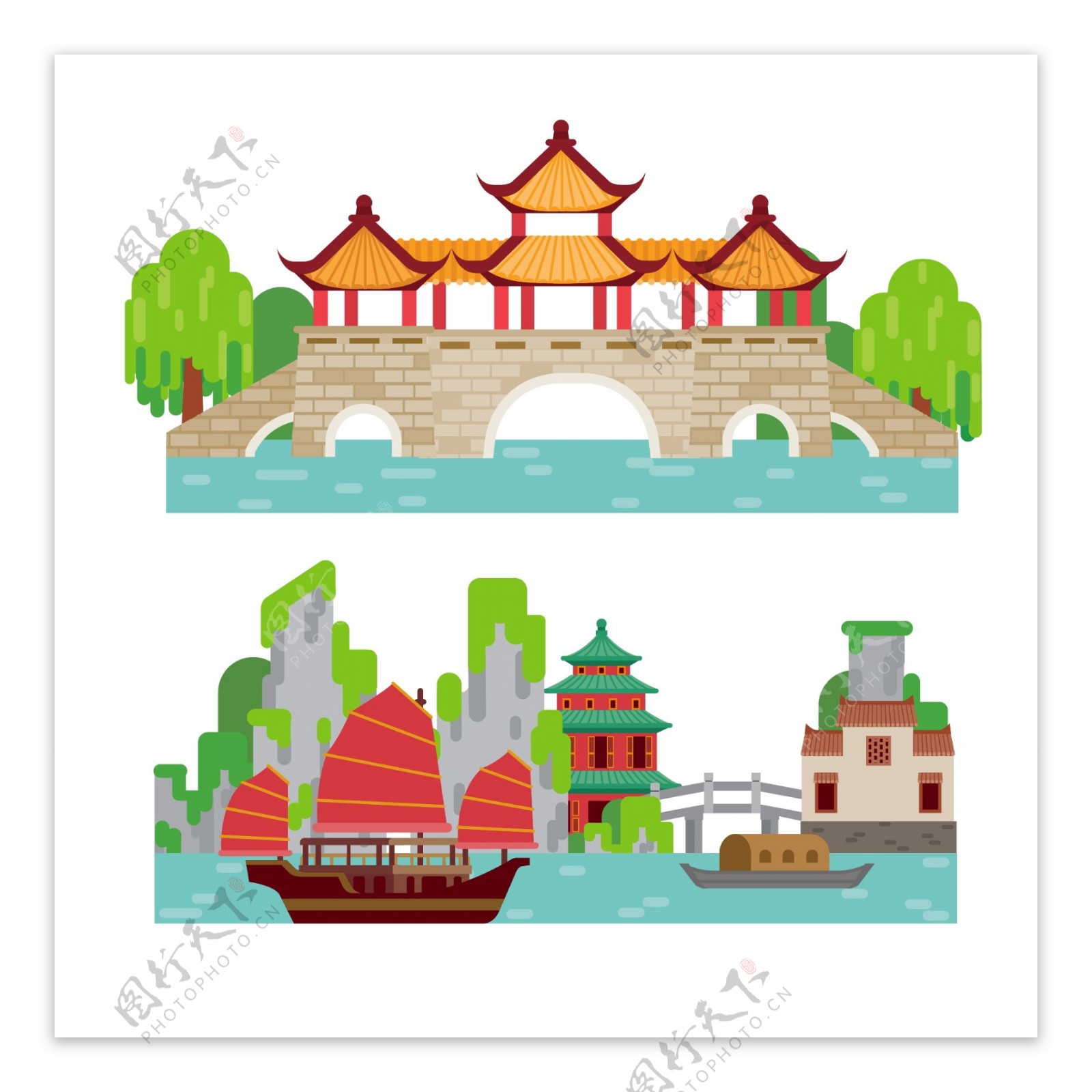 中国传统建筑风景插画