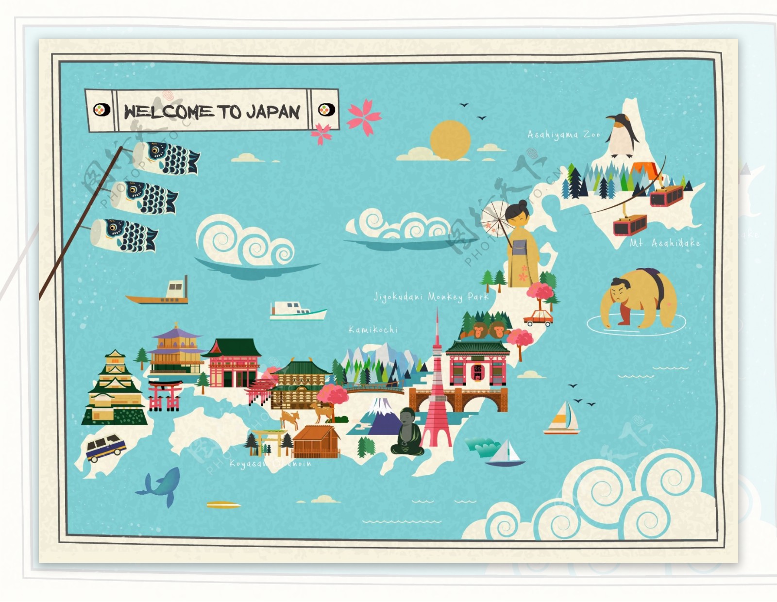 卡通手绘日本旅行地图