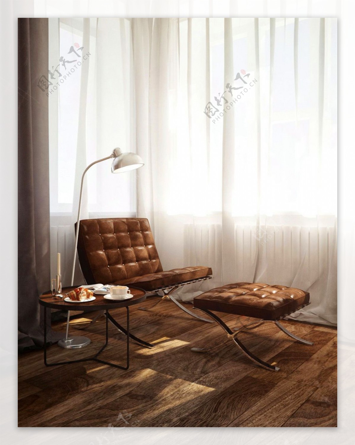 现代精致客厅褐色皮质沙发椅室内装修效果图