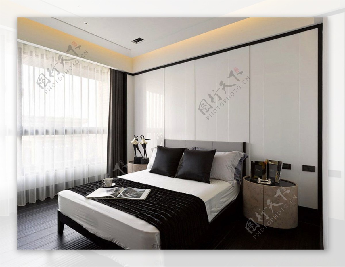 现代时尚卧室白色亮面背景墙室内装修效果图