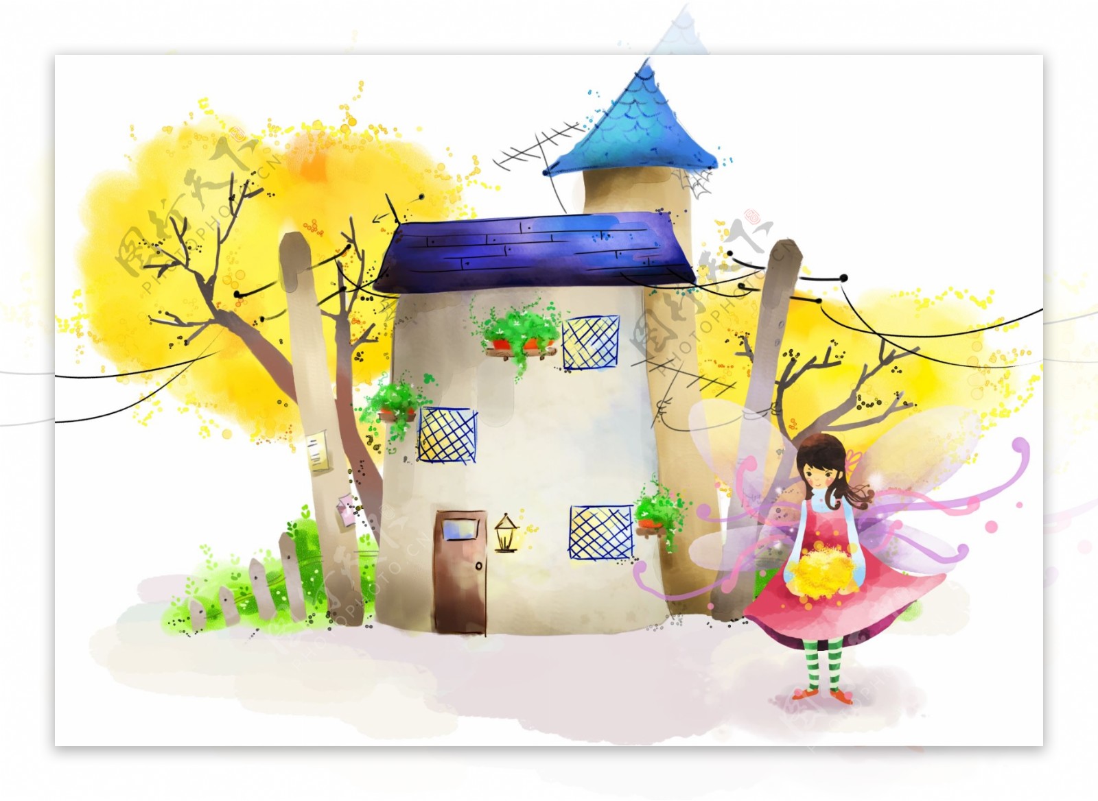 房子树木与小女孩插画PSD分层素材