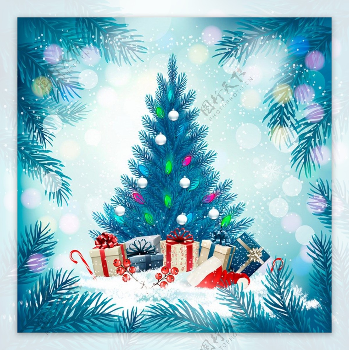 蓝色节日背景与圣诞树矢量