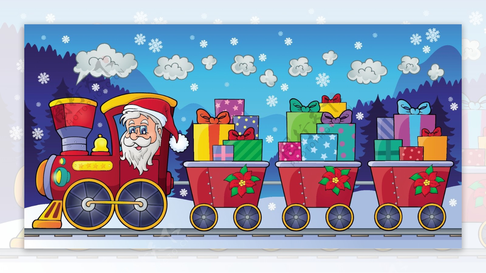卡通风格的圣诞老人用火车拉礼物