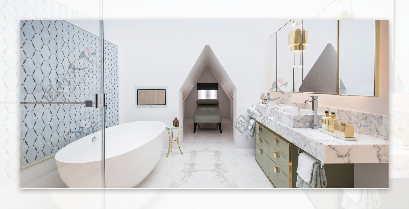 现代简约风浴室浴缸菱形瓷砖效果图